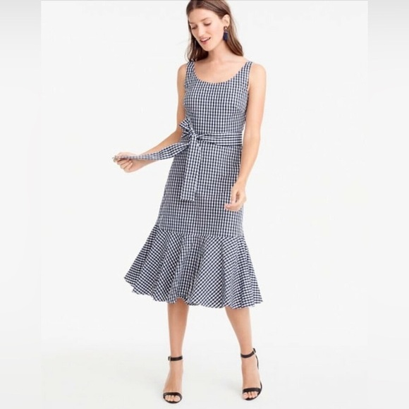 Milkmaid Coquette Gingham Midi Dress Ruffle Hem Tie Waist Academia Cottagecore - Picture 2 of 7